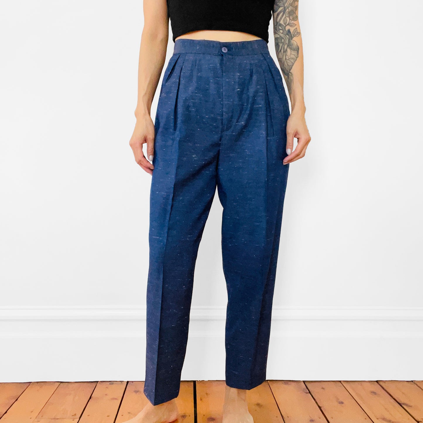 1980s Navy Flecked Wool Silk High-Waisted Pleated Tapered-Leg Trousers Pants