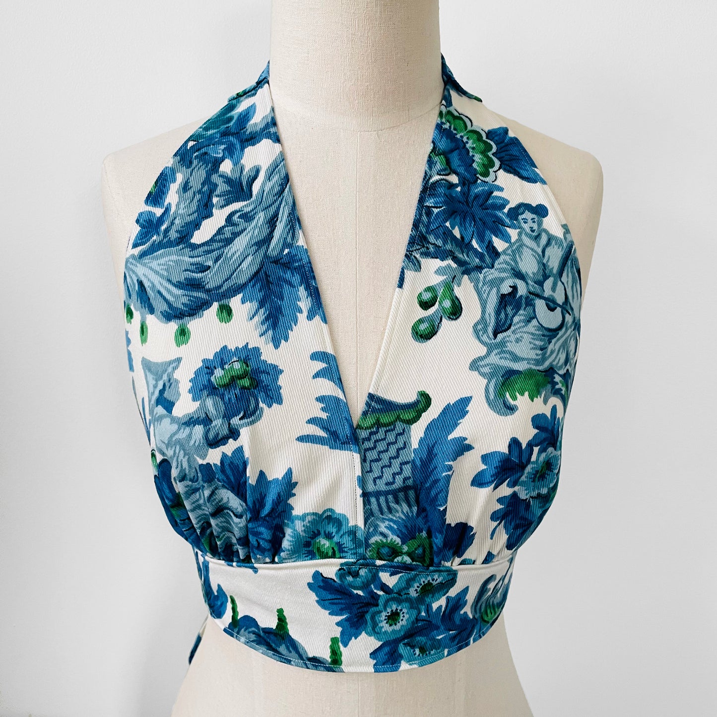 Upcycled Made-By-Me Vintage Handmade Blue and White Floral Chinoiserie Tied-Back Halter Crop Top