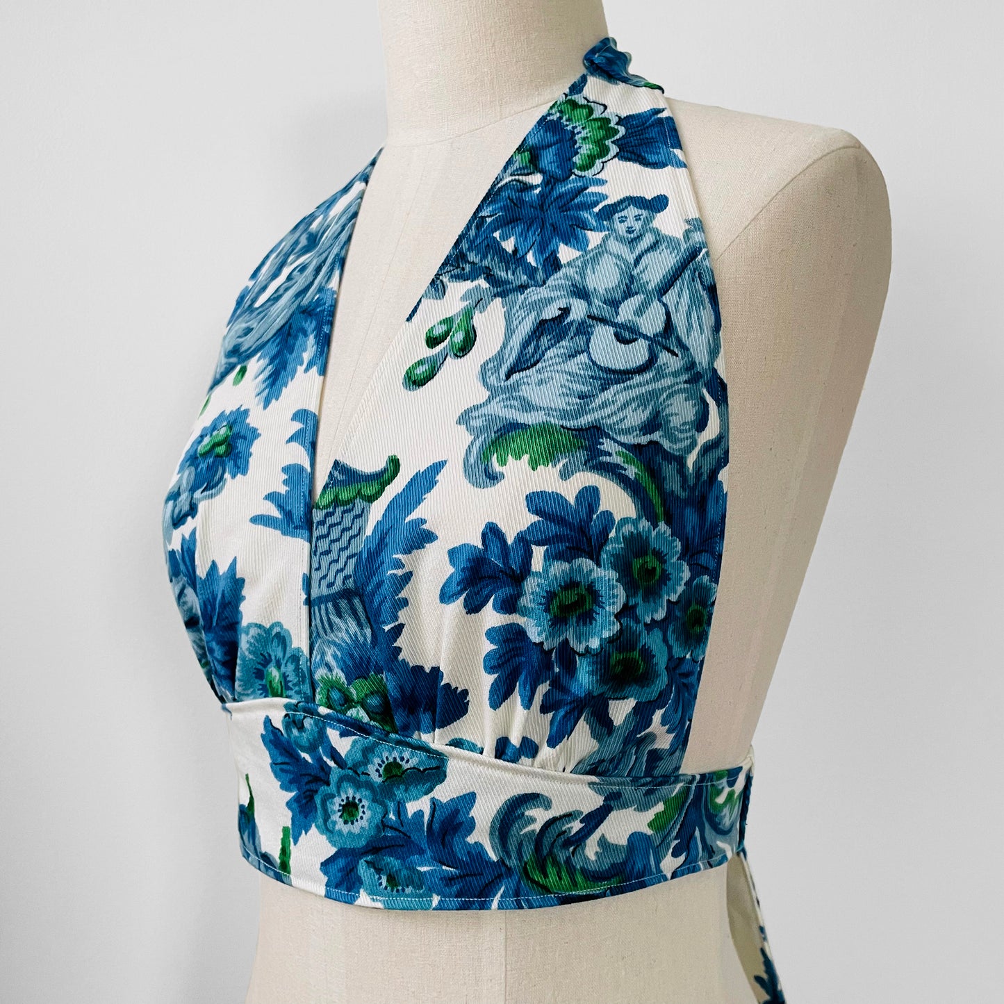 Upcycled Made-By-Me Vintage Handmade Blue and White Floral Chinoiserie Tied-Back Halter Crop Top