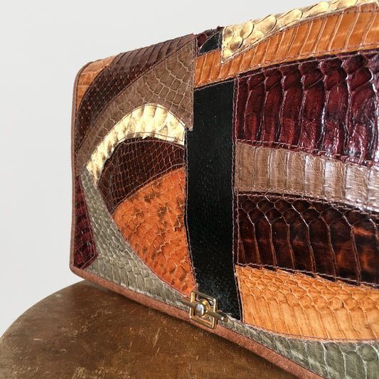 1970s Made in Canada Lizard Leather Patchwork Crossbody Shoulder-Bag Purse