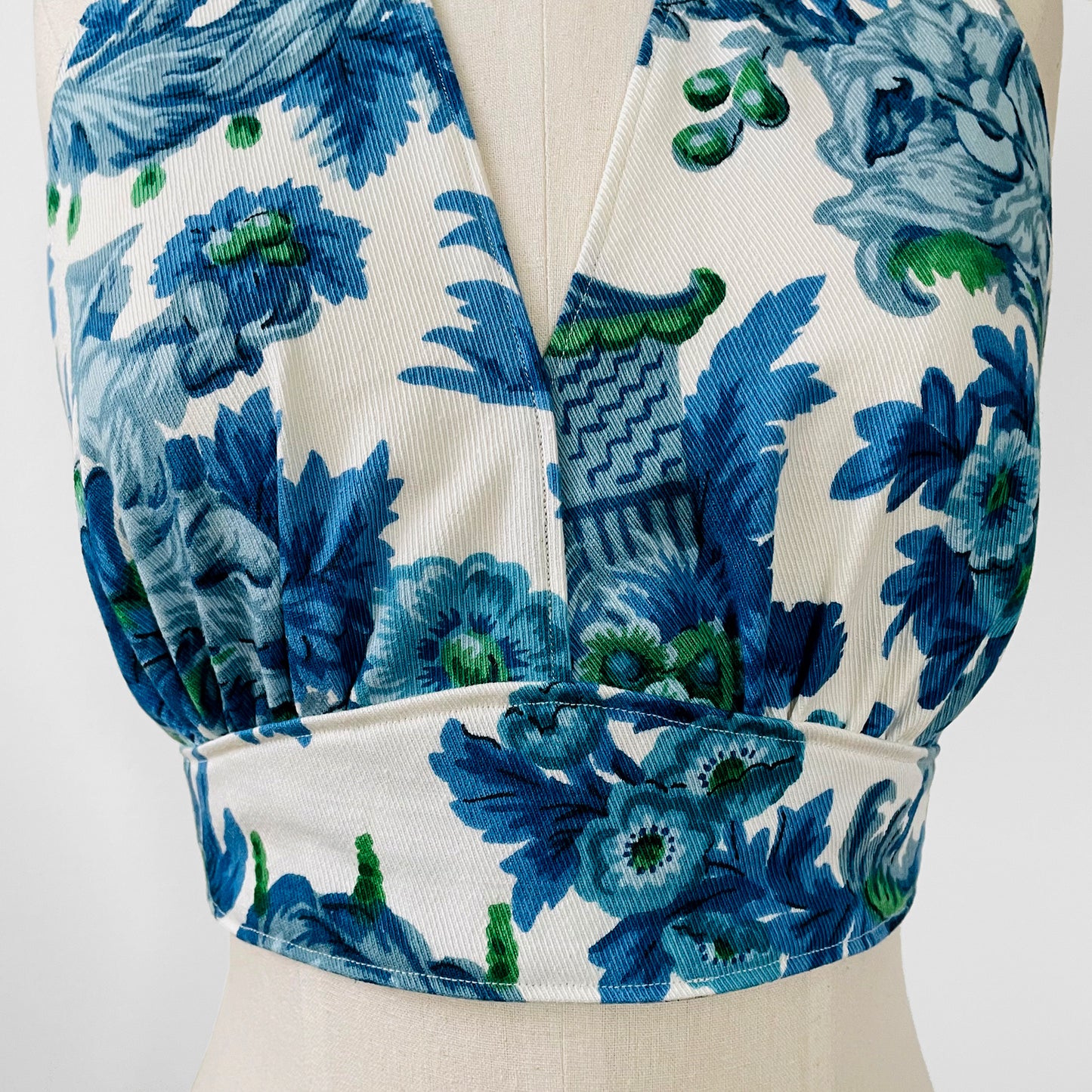 Upcycled Made-By-Me Vintage Handmade Blue and White Floral Chinoiserie Tied-Back Halter Crop Top