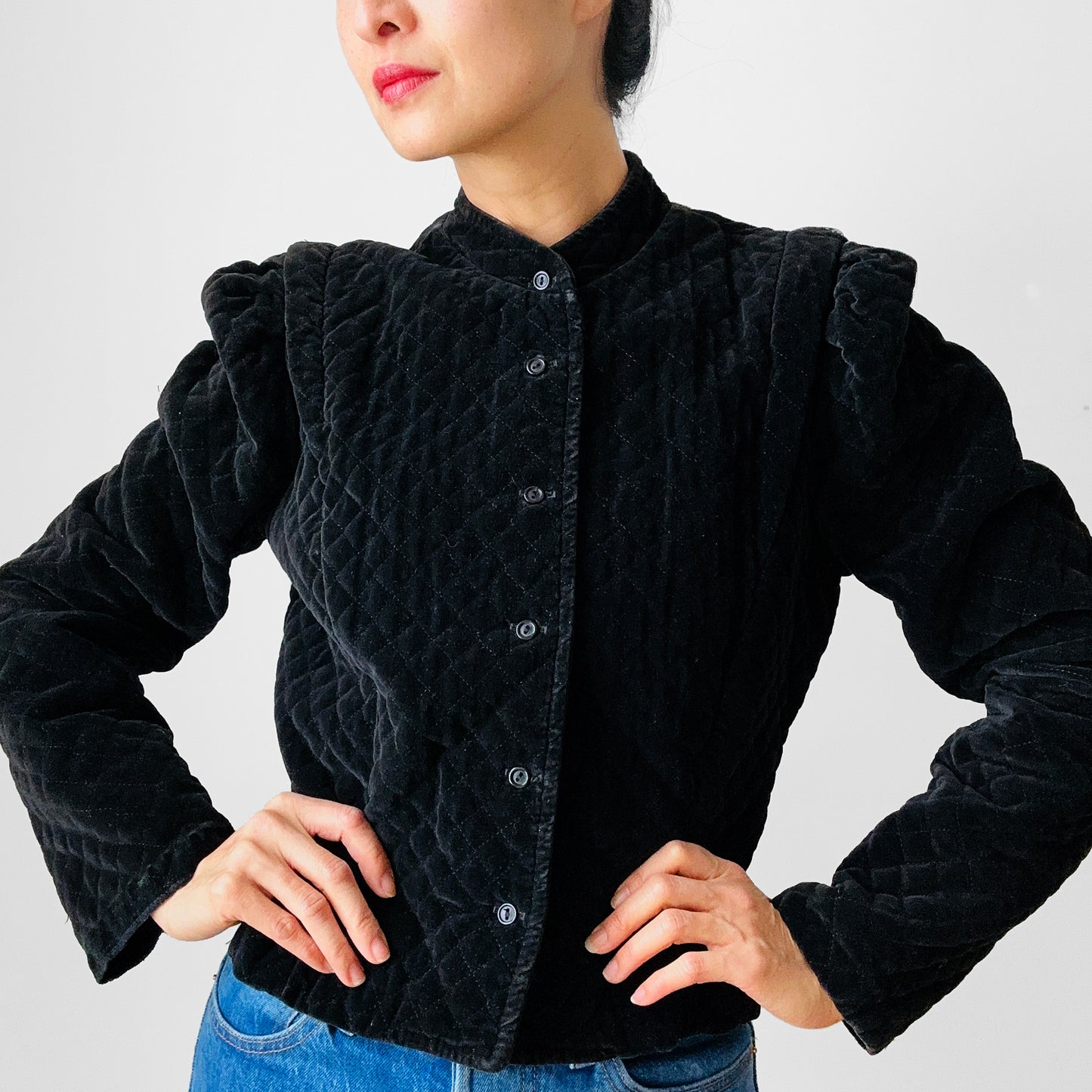 Black Quilted Velvet Short-Waisted Fitted Victorian Style Jacket - XS/S