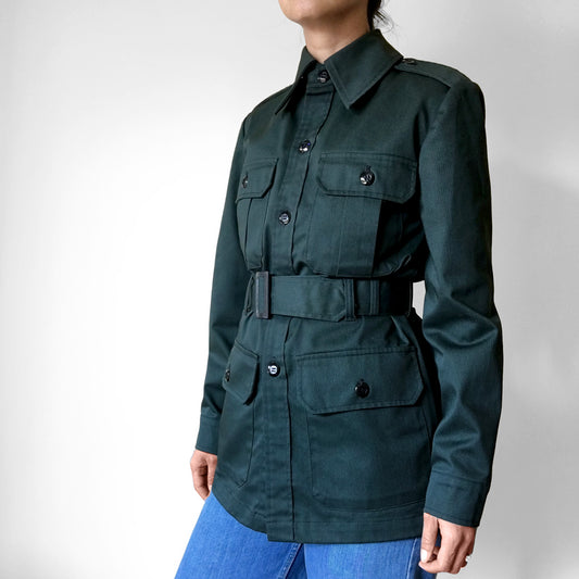 Hunter-Green Fitted Military Button Front Belted Fatigue Jacket