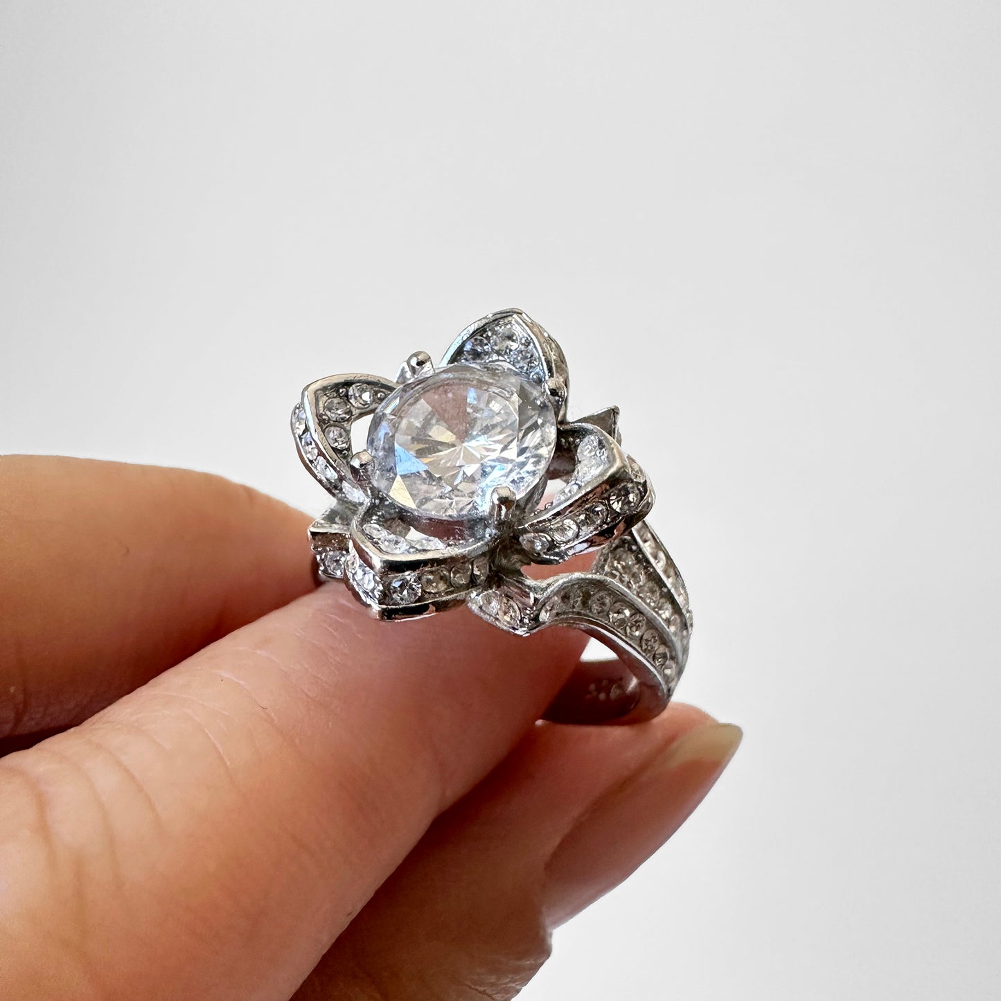 925 Silver Stamped Faux Diamond Flower Statement Ring