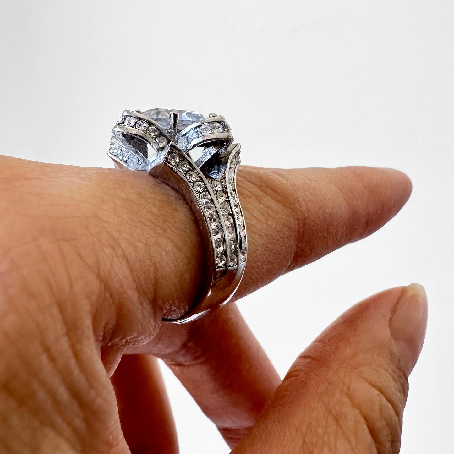 925 Silver Stamped Faux Diamond Flower Statement Ring