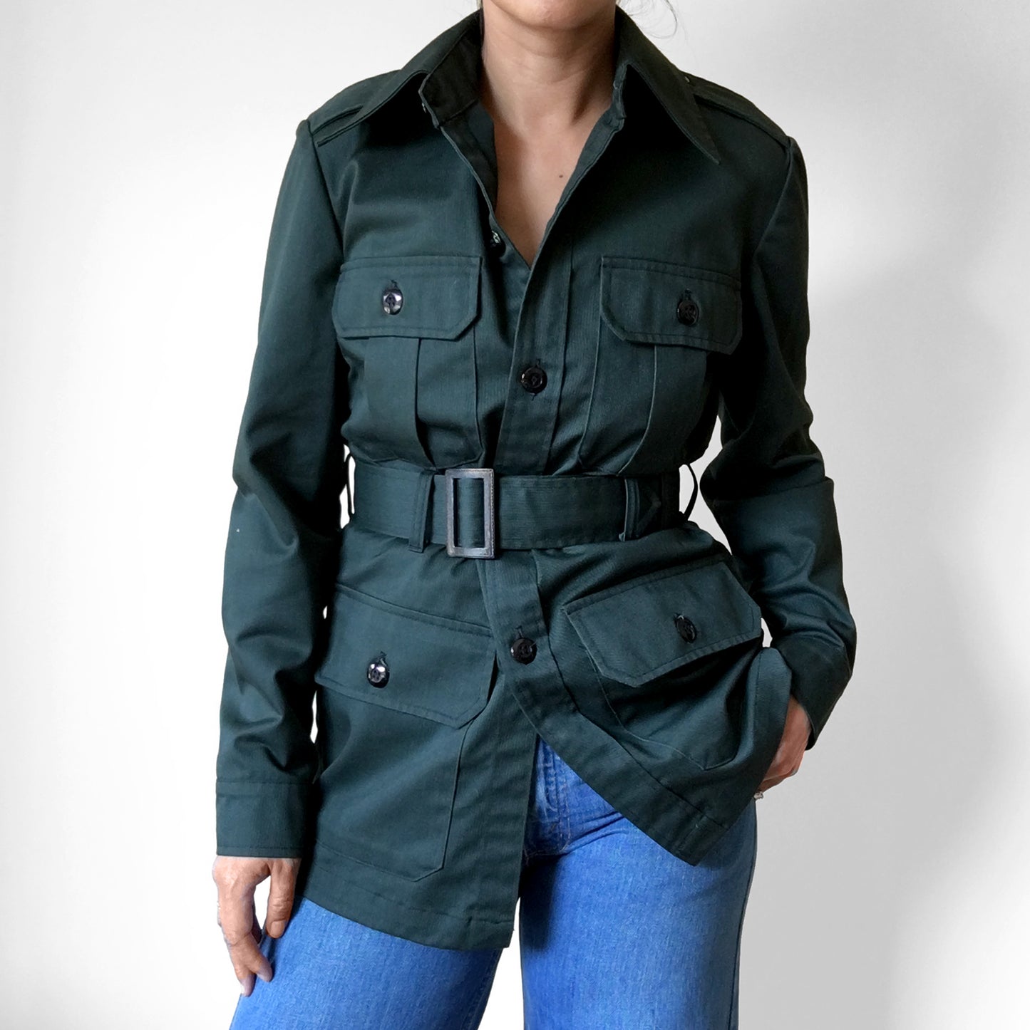 Hunter-Green Fitted Military Button Front Belted Fatigue Jacket