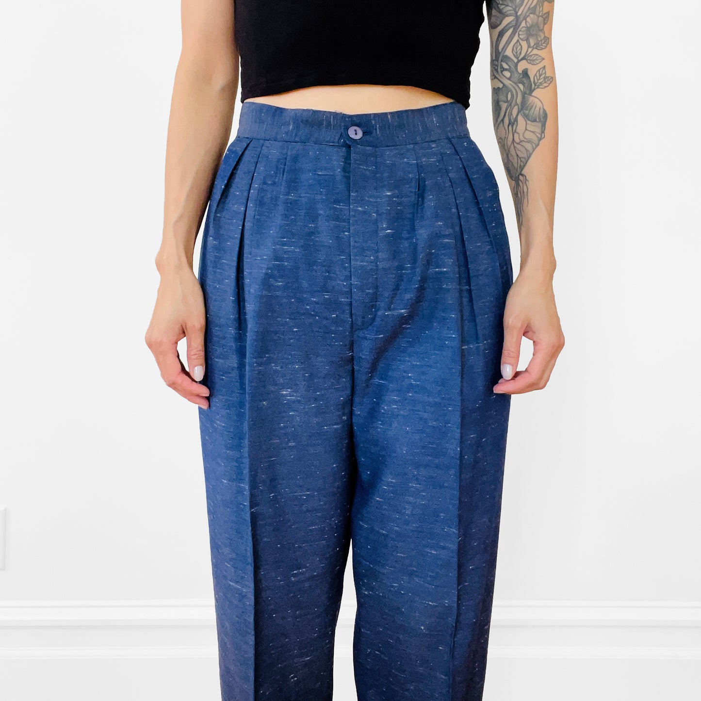 1980s Navy Flecked Wool Silk High-Waisted Pleated Tapered-Leg Trousers Pants