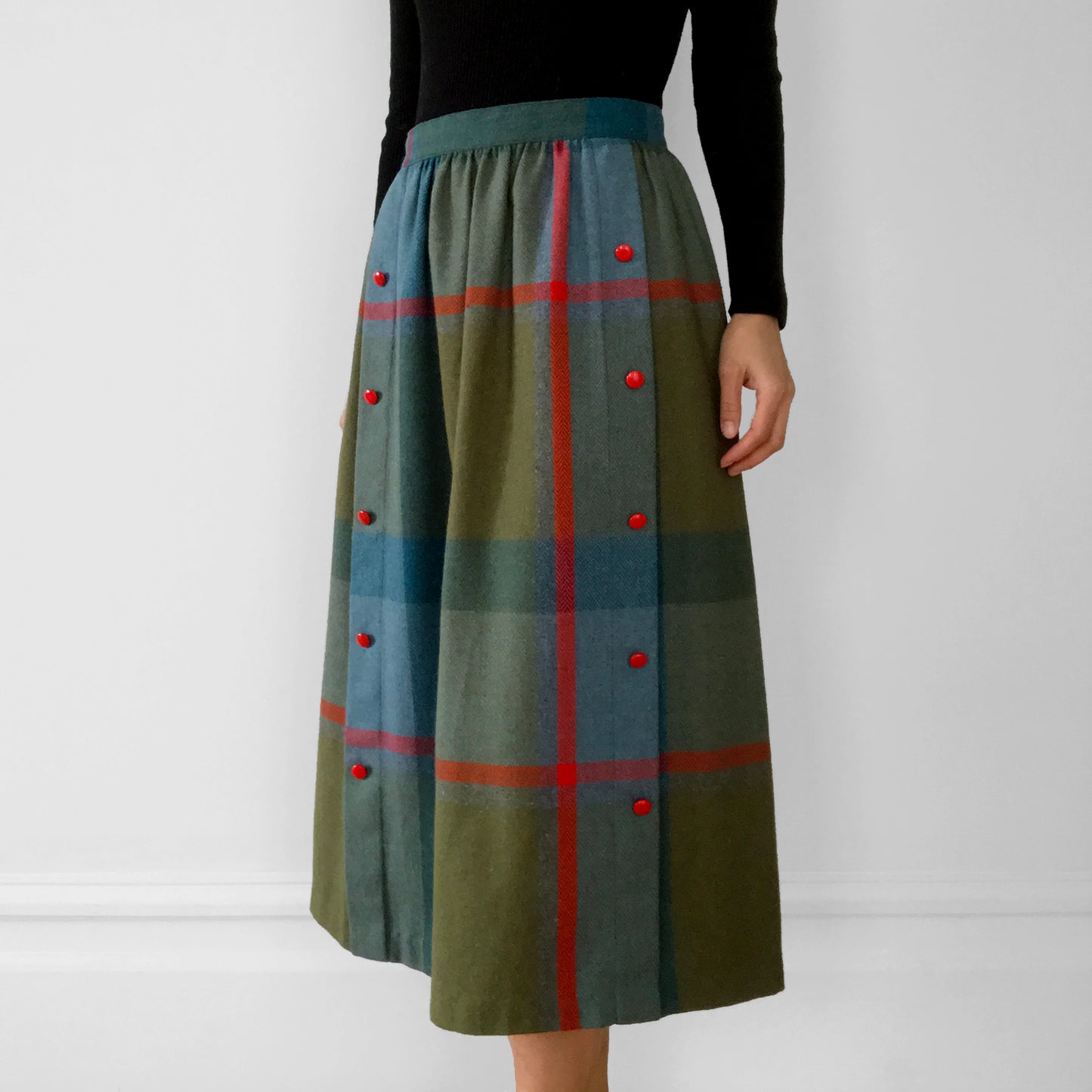 1970s Wool-Blend Plaid Herringbone A-line Tweed Skirt