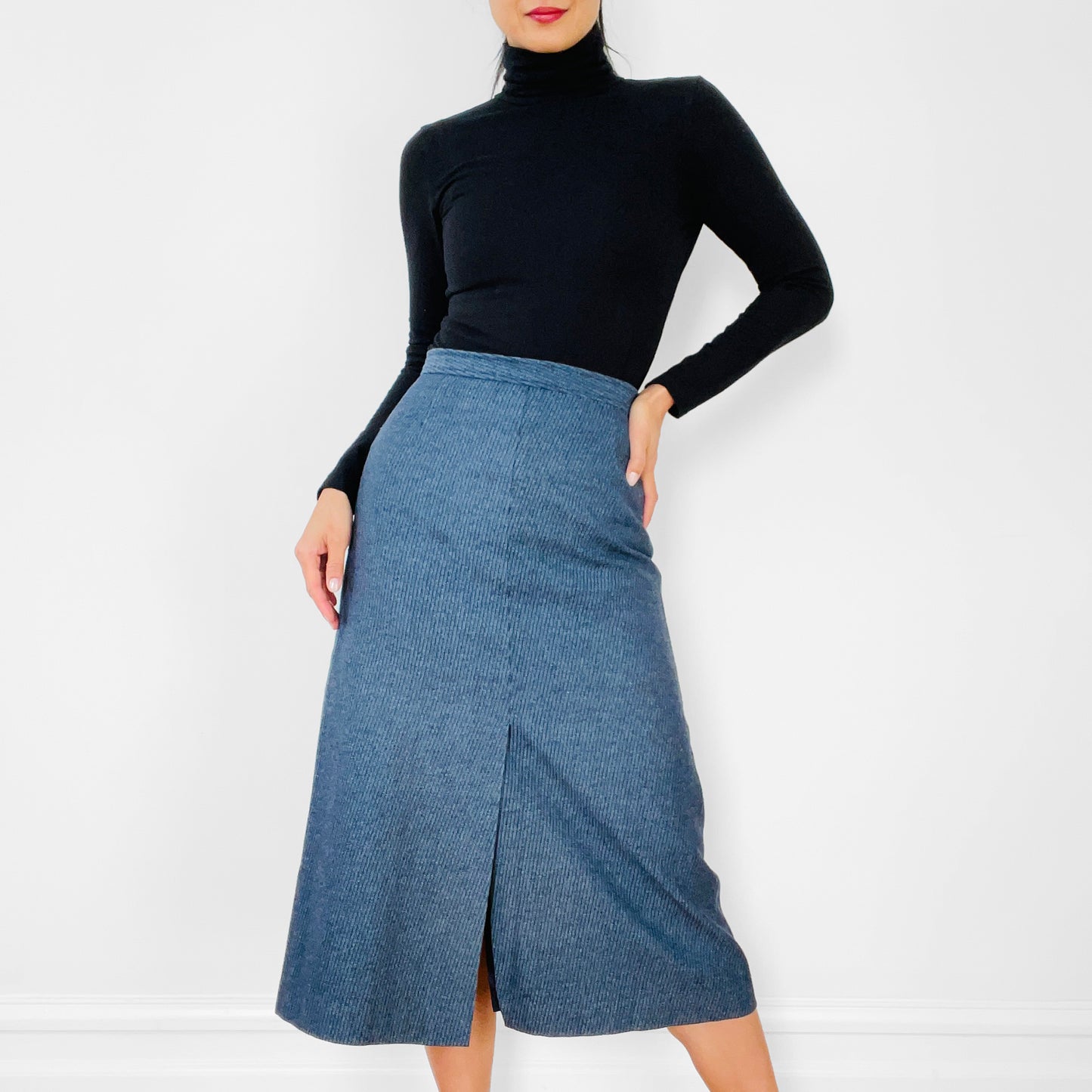 1970s Made in Canada Blue Stripe A-line Split-Front Skirt