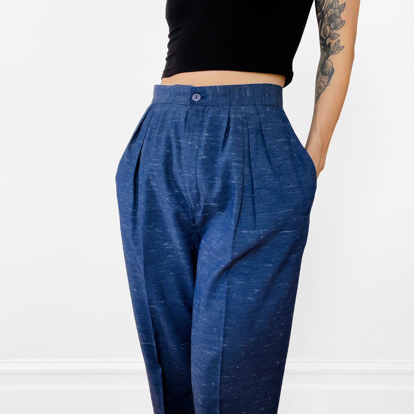 1980s Navy Flecked Wool Silk High-Waisted Pleated Tapered-Leg Trousers Pants