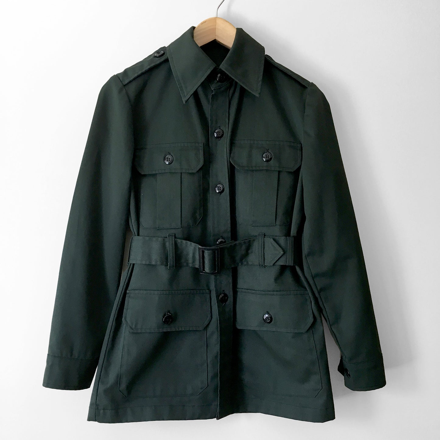 Hunter-Green Fitted Military Button Front Belted Fatigue Jacket