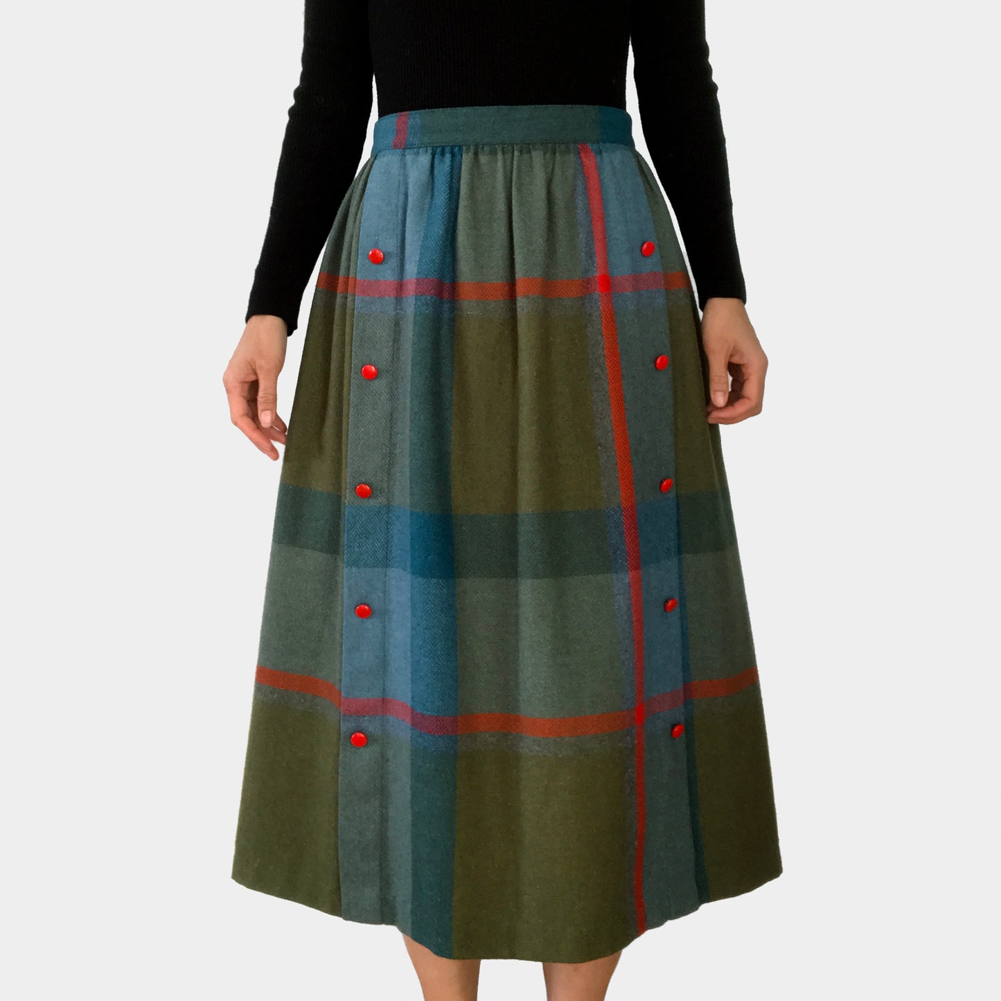 1970s Wool-Blend Plaid Herringbone A-line Tweed Skirt