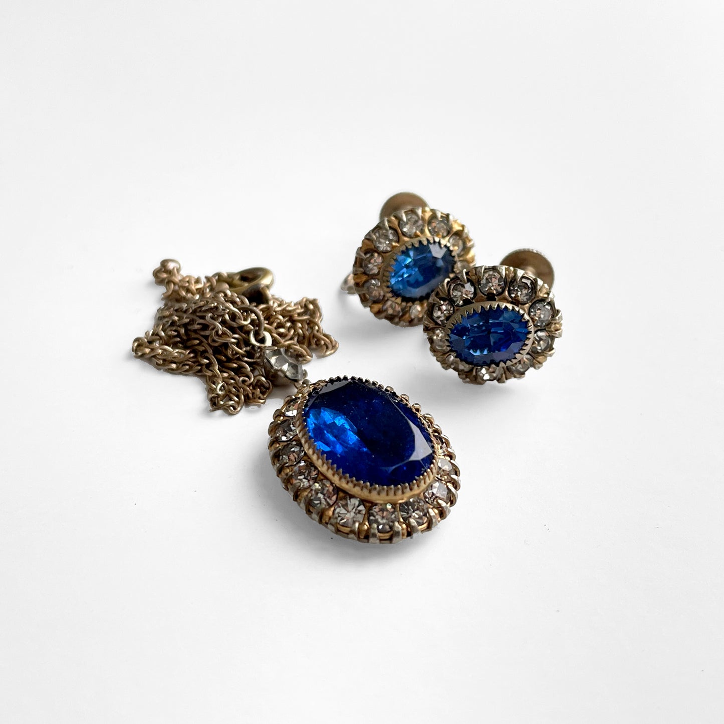 Early 1900s Faux Sapphire and Diamond Screw-back Cushion-Style Earrings and Necklace Set