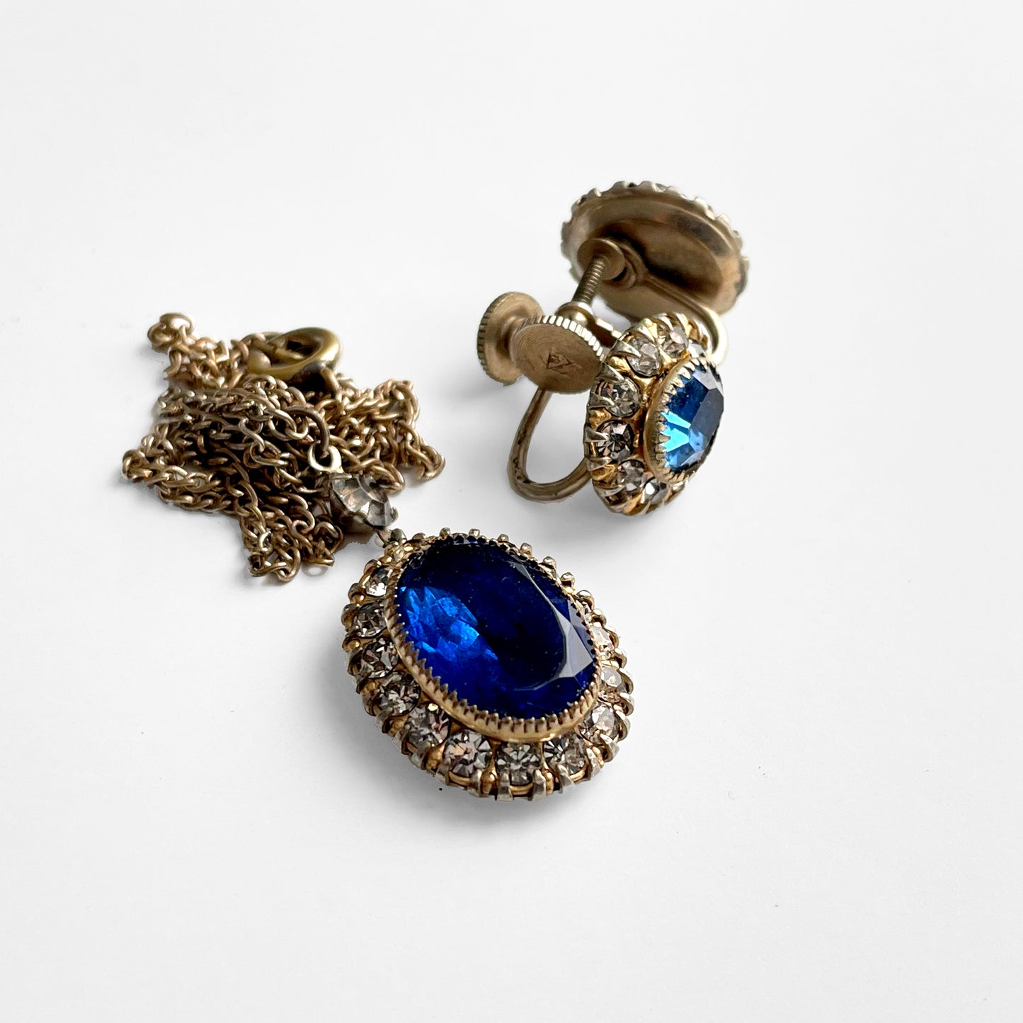 Early 1900s Faux Sapphire and Diamond Screw-back Cushion-Style Earrings and Necklace Set