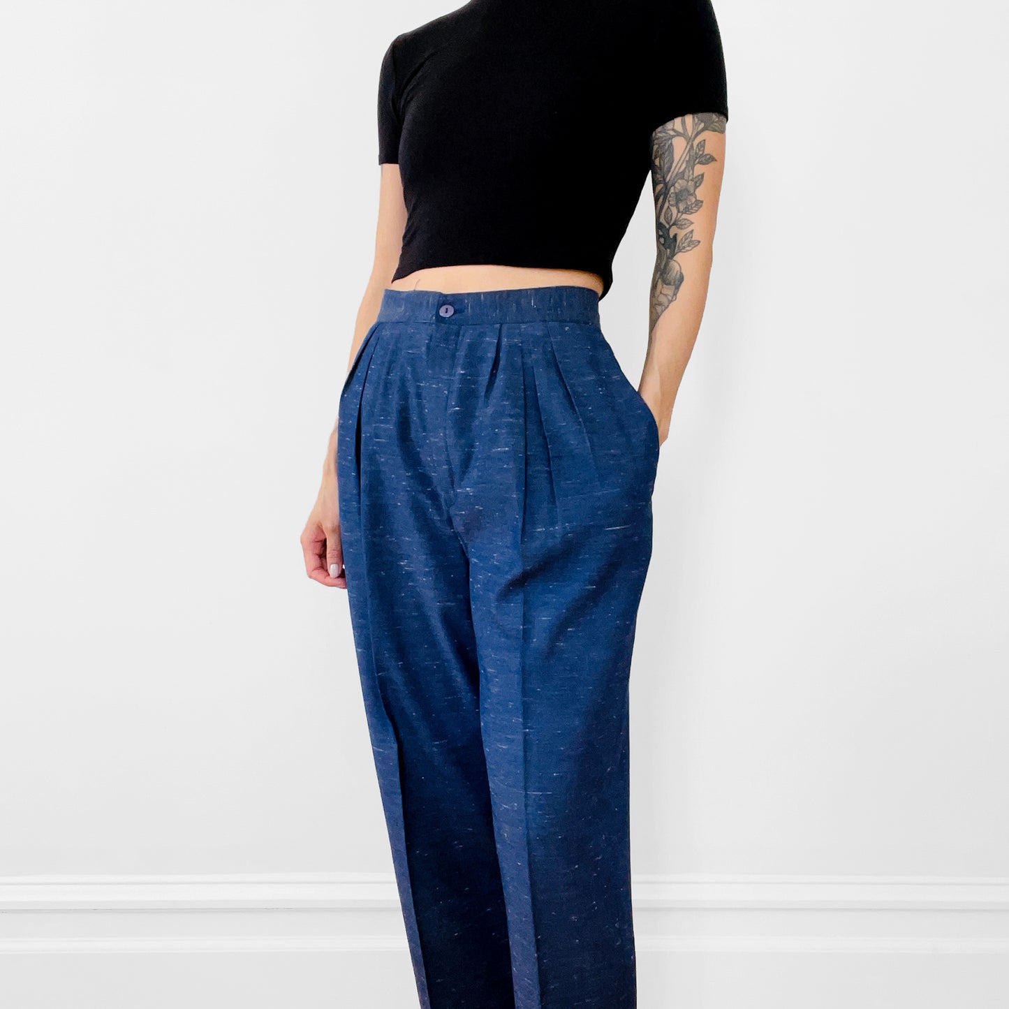 1980s Navy Flecked Wool Silk High-Waisted Pleated Tapered-Leg Trousers Pants