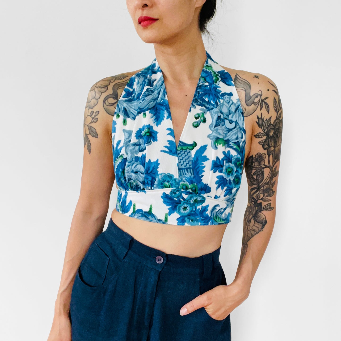 Upcycled Made-By-Me Vintage Handmade Blue and White Floral Chinoiserie Tied-Back Halter Crop Top