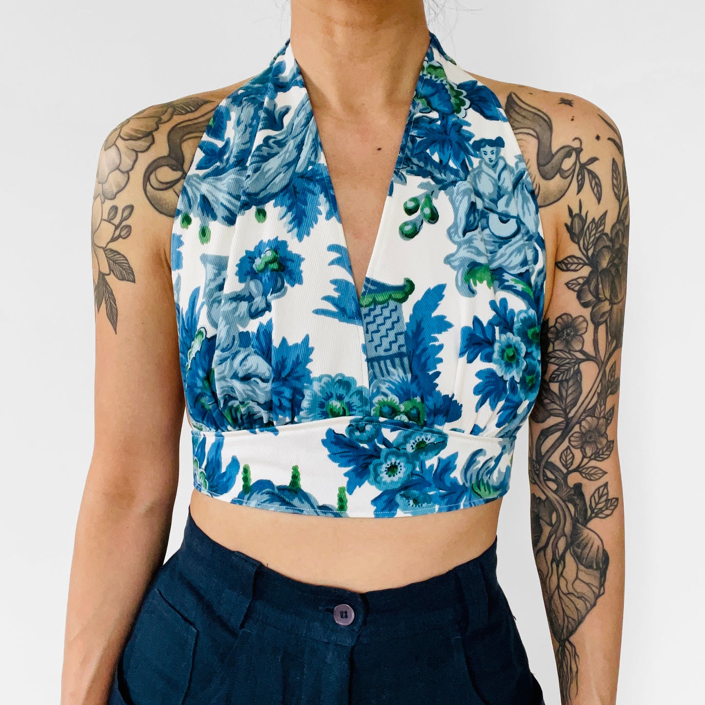 Upcycled Made-By-Me Vintage Handmade Blue and White Floral Chinoiserie Tied-Back Halter Crop Top