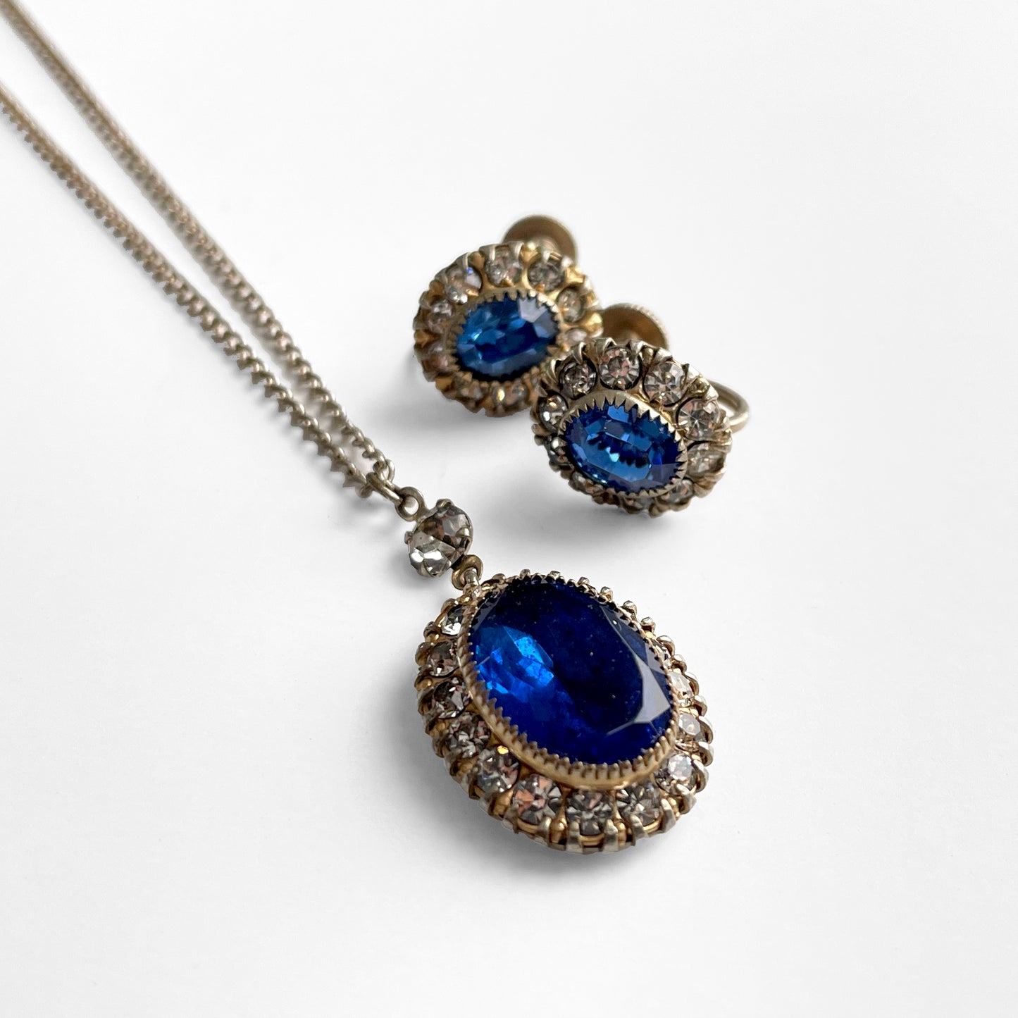 Early 1900s Faux Sapphire and Diamond Screw-back Cushion-Style Earrings and Necklace Set