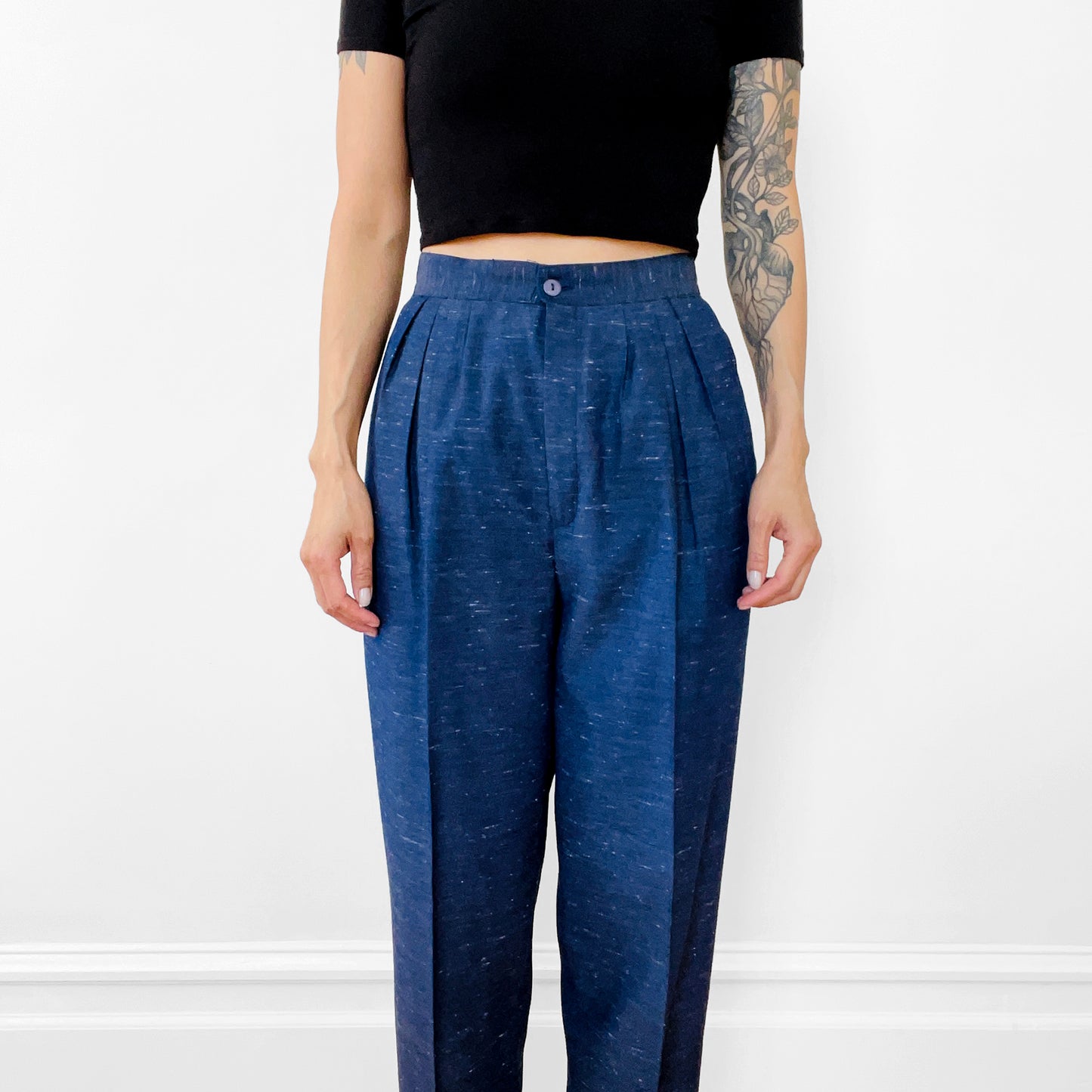 1980s Navy Flecked Wool Silk High-Waisted Pleated Tapered-Leg Trousers Pants