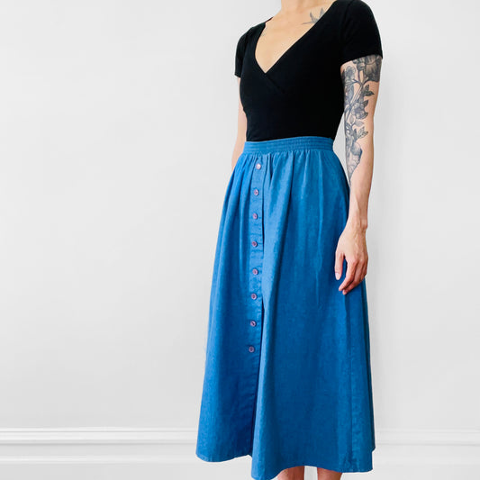 Button-Front Chambray Elastic-Waist Lightweight Denim Jean Skirt