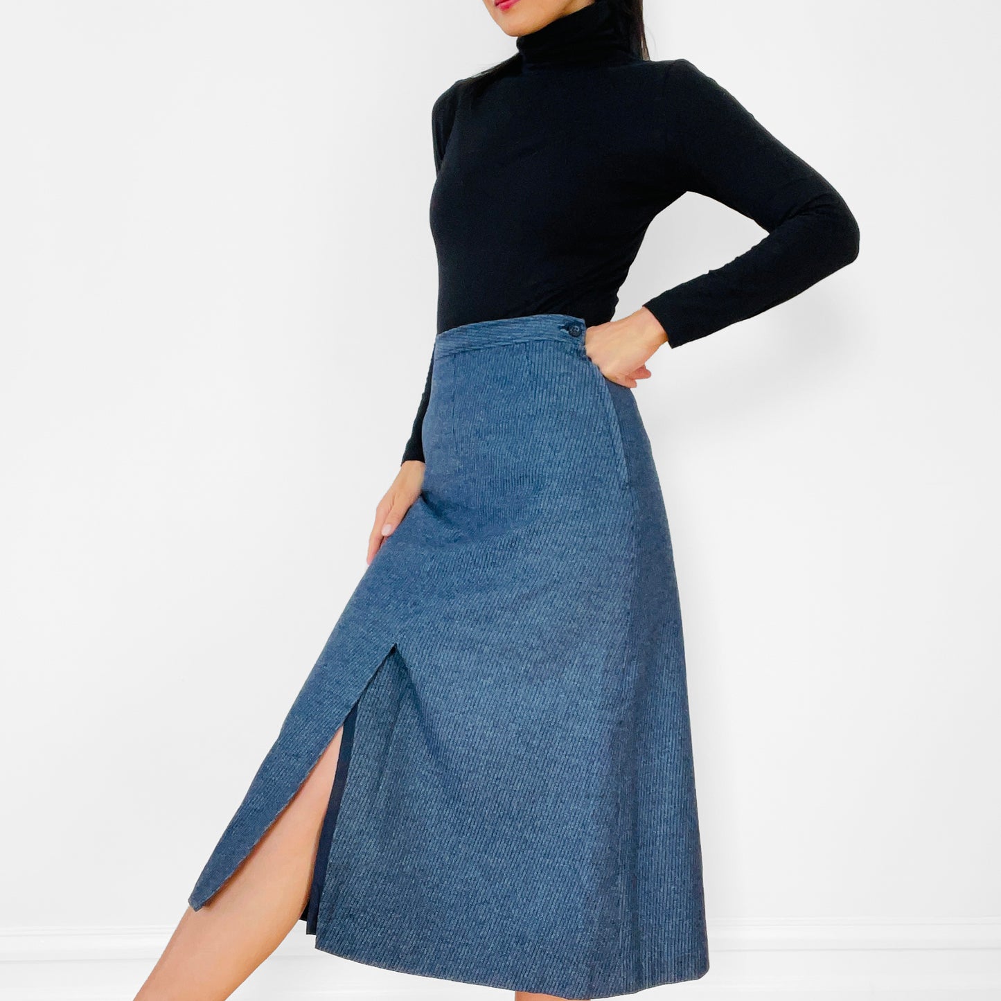 1970s Made in Canada Blue Stripe A-line Split-Front Skirt