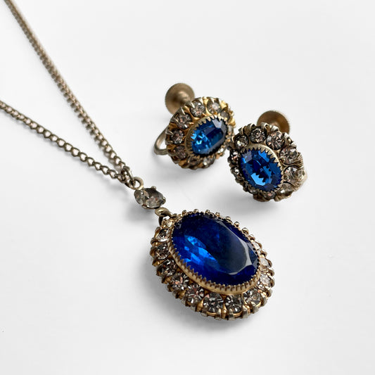 Early 1900s Faux Sapphire and Diamond Screw-back Cushion-Style Earrings and Necklace Set