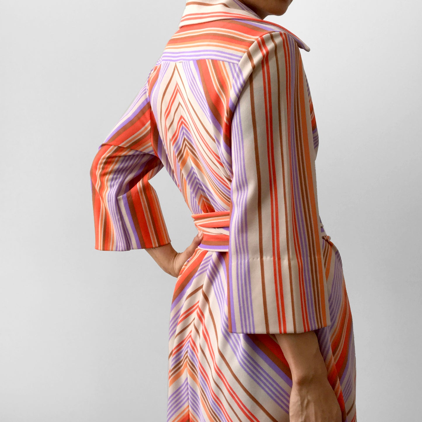 1970s Multi-Coloured Stripe Zip-Front Bell-Sleeve Collared Belted Knee-Length Dress