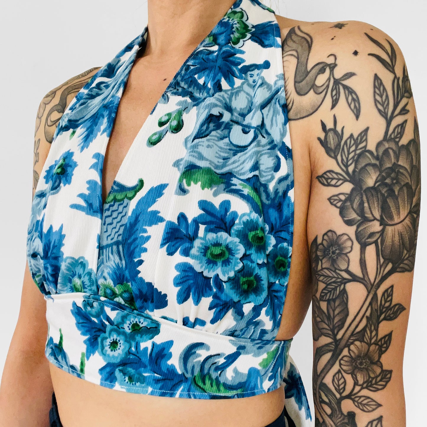 Upcycled Made-By-Me Vintage Handmade Blue and White Floral Chinoiserie Tied-Back Halter Crop Top