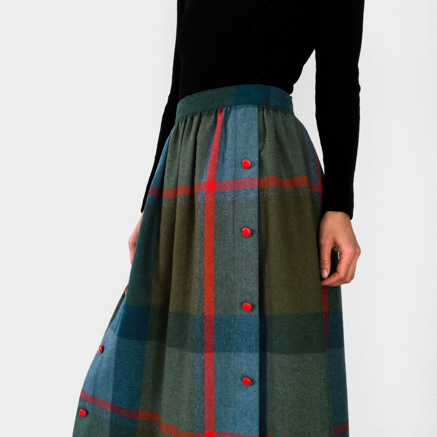 1970s Wool-Blend Plaid Herringbone A-line Tweed Skirt