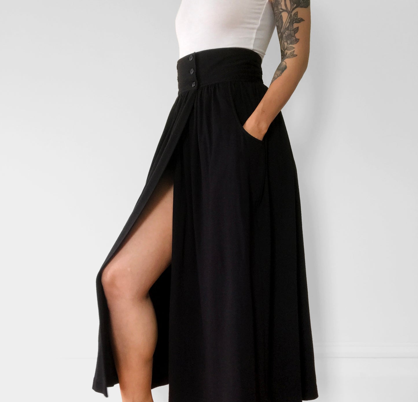 1980s Black Jersey-Knit Wrap Skirt