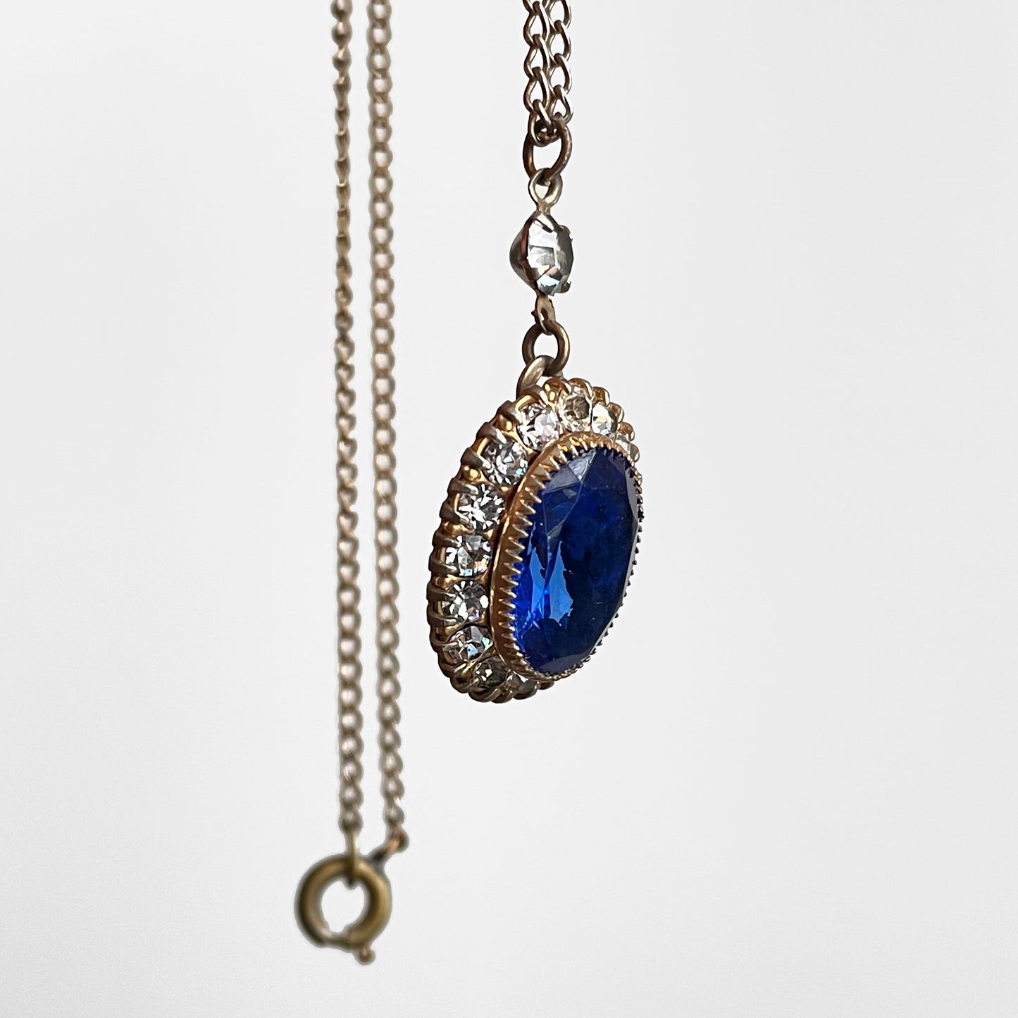 Early 1900s Faux Sapphire and Diamond Screw-back Cushion-Style Earrings and Necklace Set