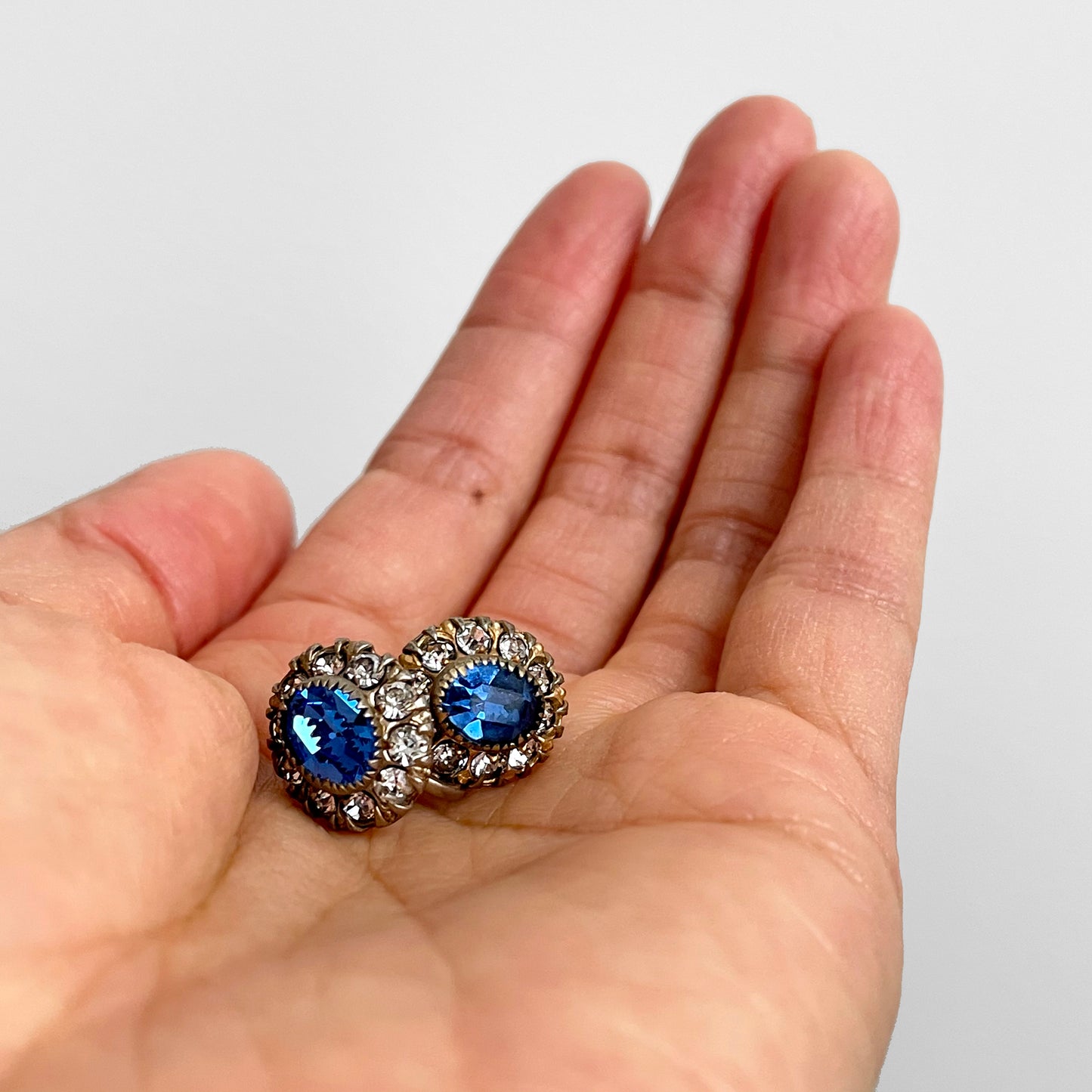 Early 1900s Faux Sapphire and Diamond Screw-back Cushion-Style Earrings and Necklace Set