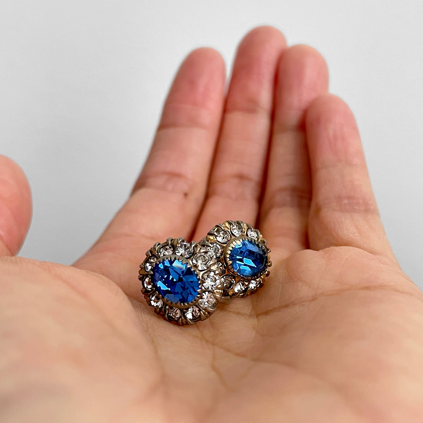 Early 1900s Faux Sapphire and Diamond Screw-back Cushion-Style Earrings and Necklace Set