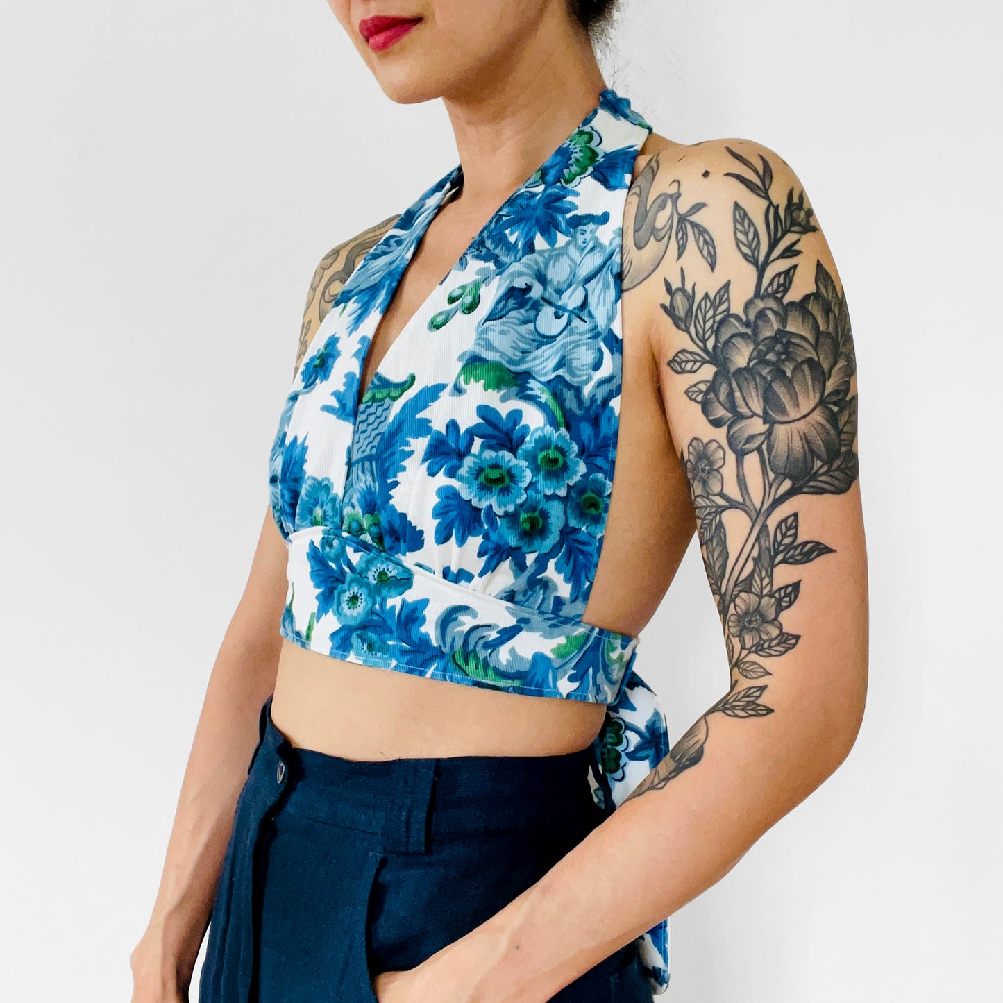 Upcycled Made-By-Me Vintage Handmade Blue and White Floral Chinoiserie Tied-Back Halter Crop Top