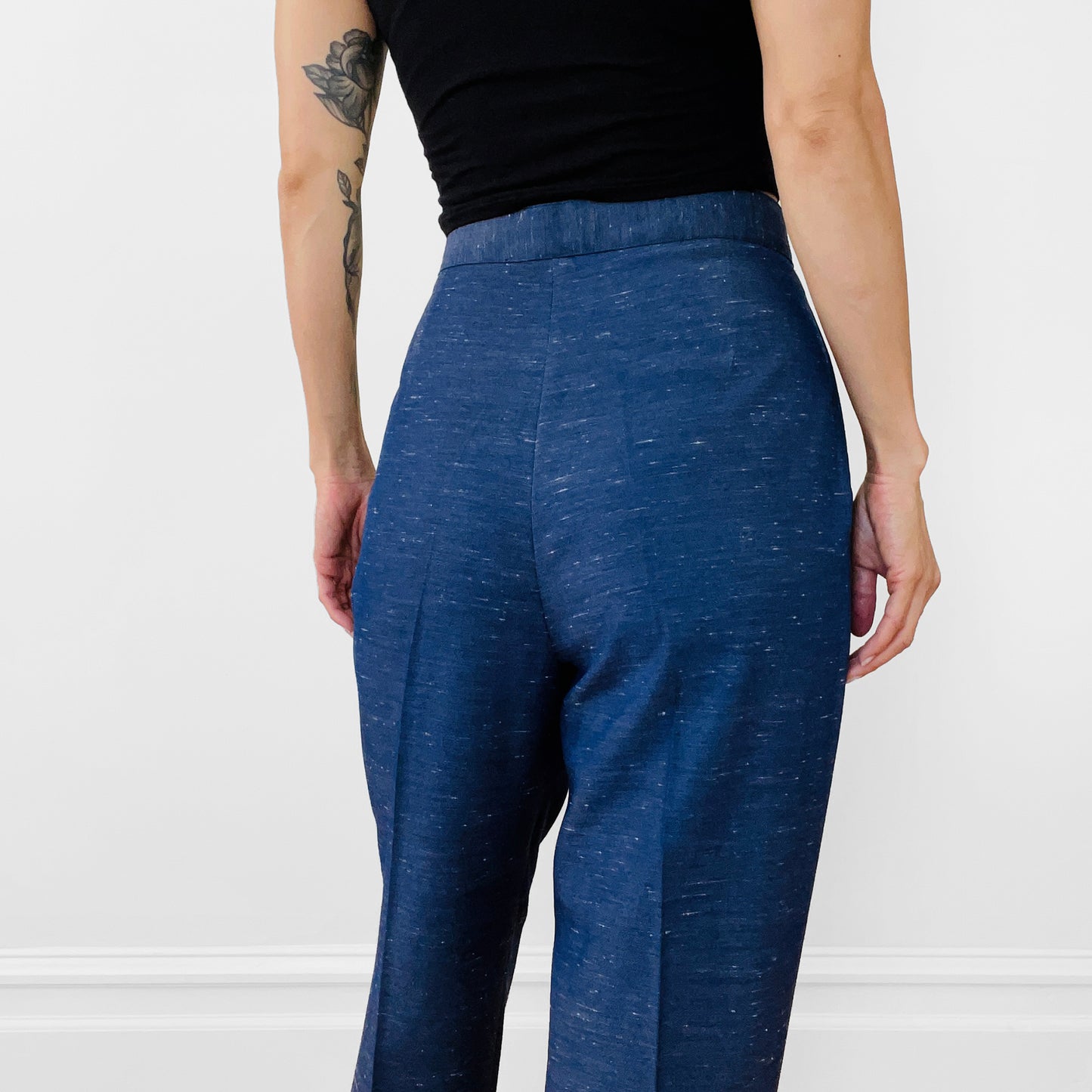 1980s Navy Flecked Wool Silk High-Waisted Pleated Tapered-Leg Trousers Pants