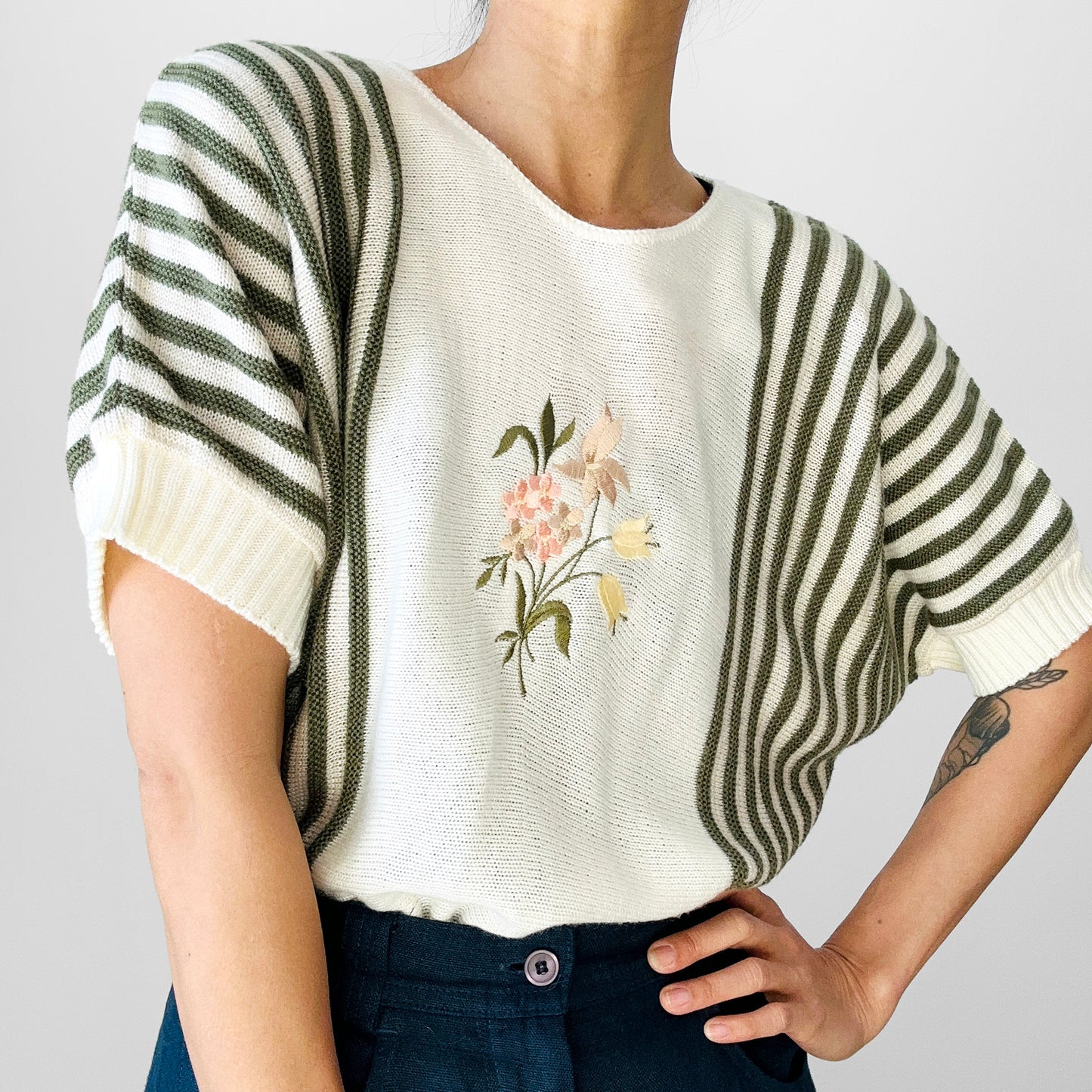 1980s Floral Embroidered Green and Cream Stripe Soft Knit Sweater Top