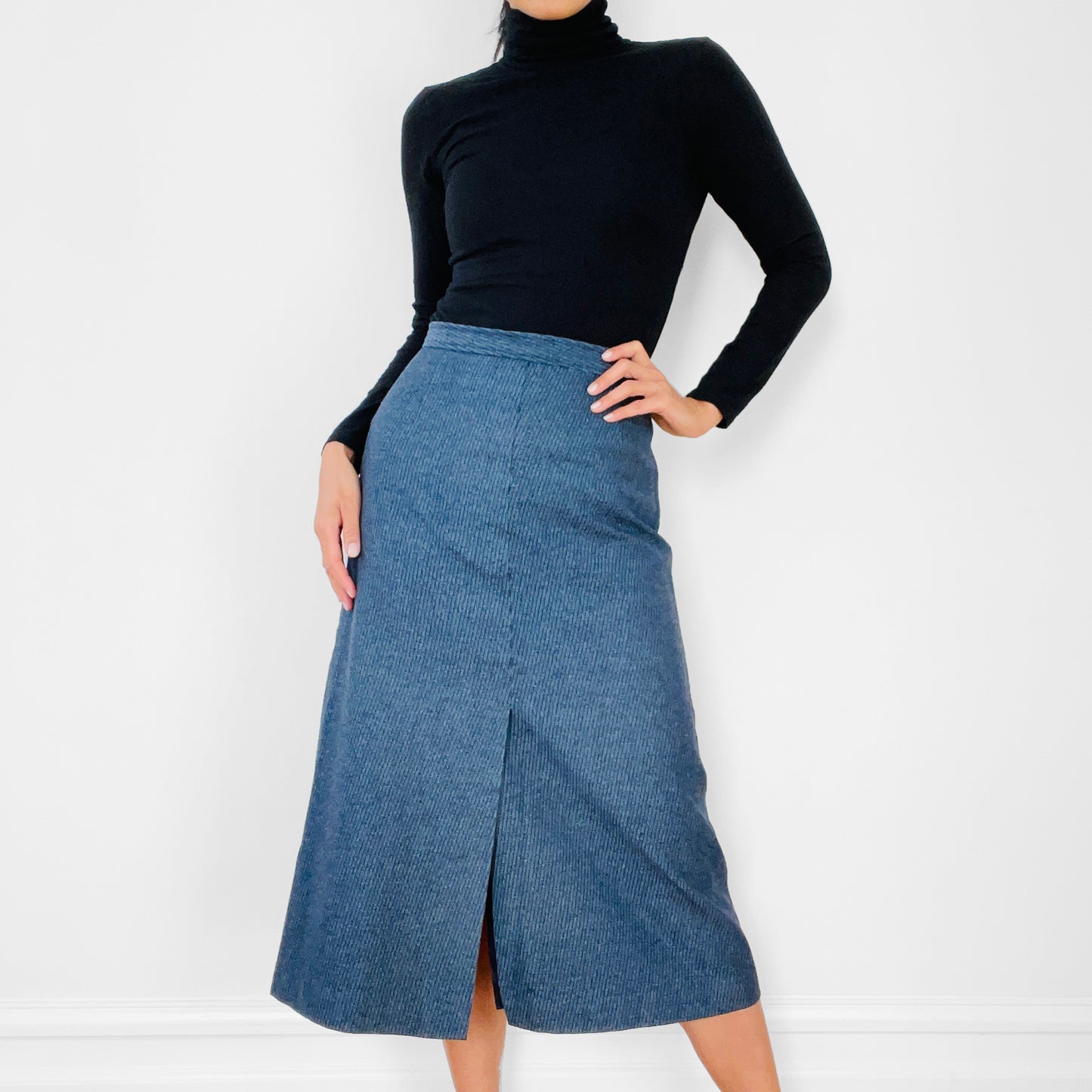 1970s Made in Canada Blue Stripe A-line Split-Front Skirt