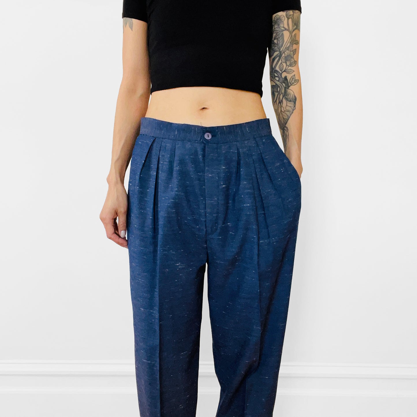 1980s Navy Flecked Wool Silk High-Waisted Pleated Tapered-Leg Trousers Pants