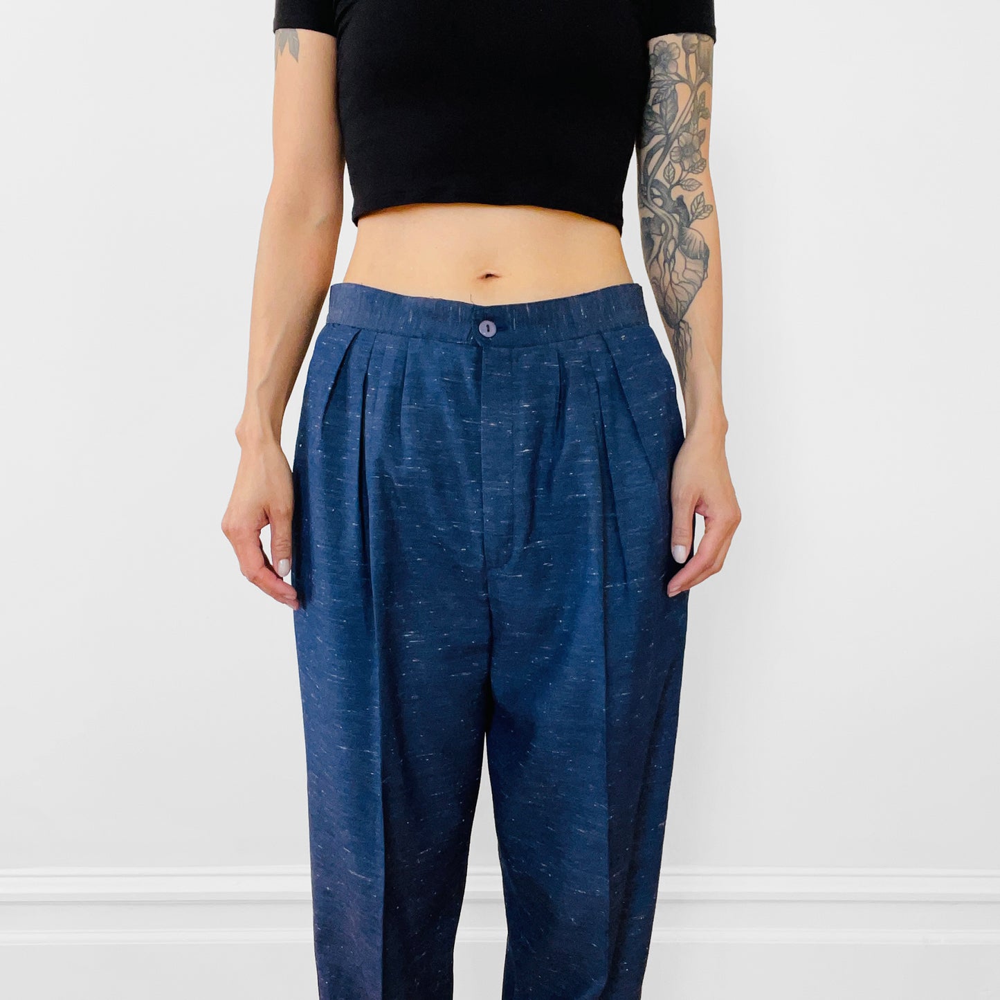 1980s Navy Flecked Wool Silk High-Waisted Pleated Tapered-Leg Trousers Pants