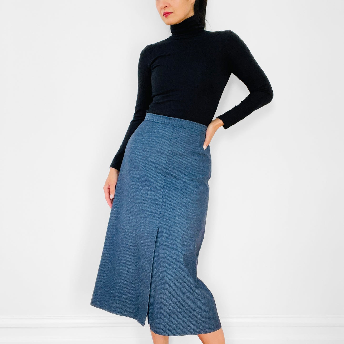 1970s Made in Canada Blue Stripe A-line Split-Front Skirt