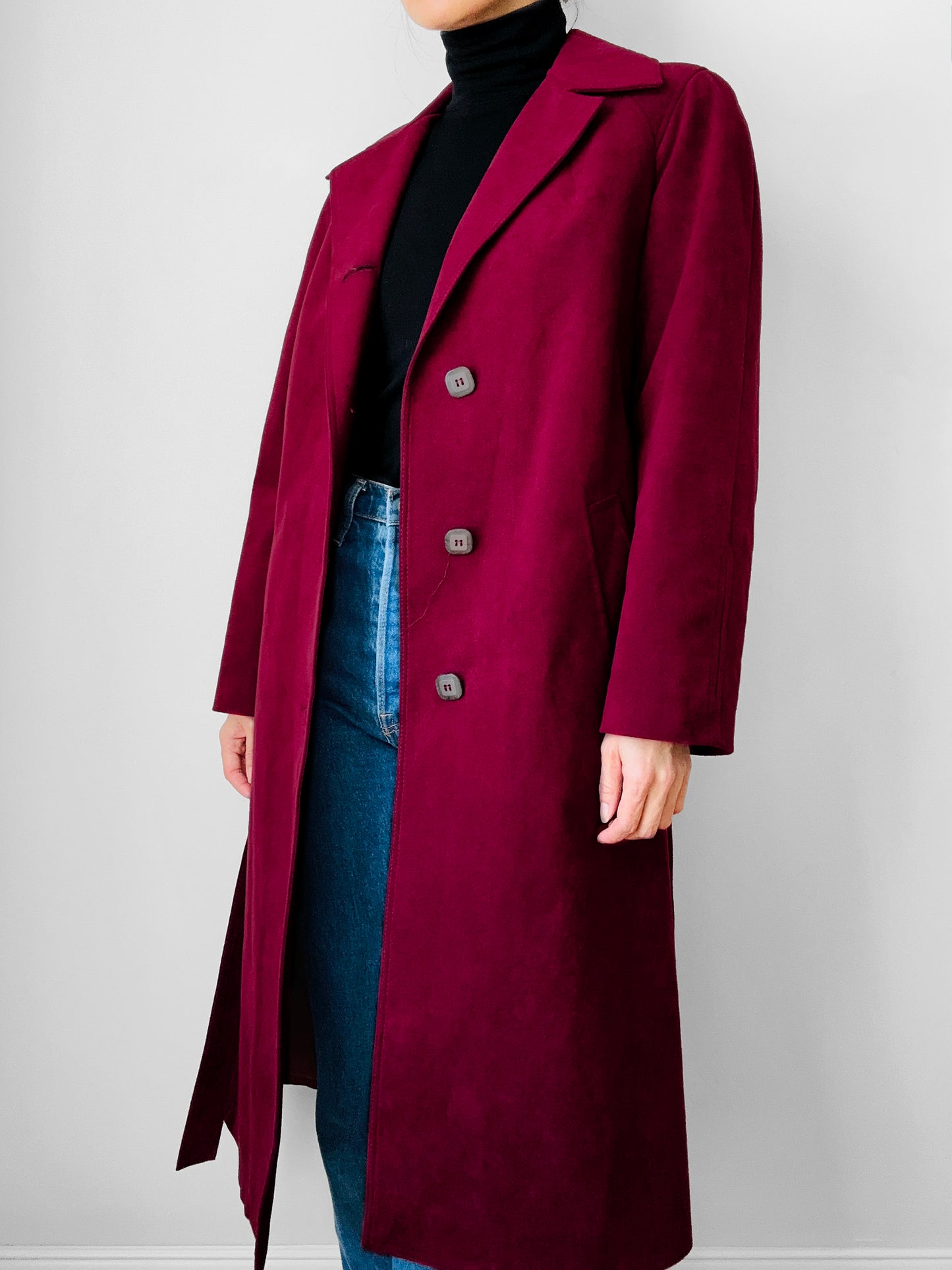 1970s Deep Wine Microfibre Faux Leather Belted Trench Coat - S/M