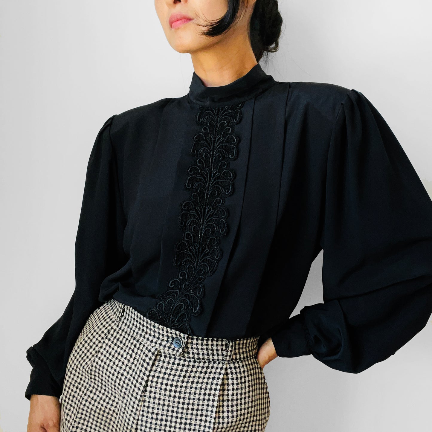 1980s Made in Canada Black High-Neck Applique Pleated Blouse