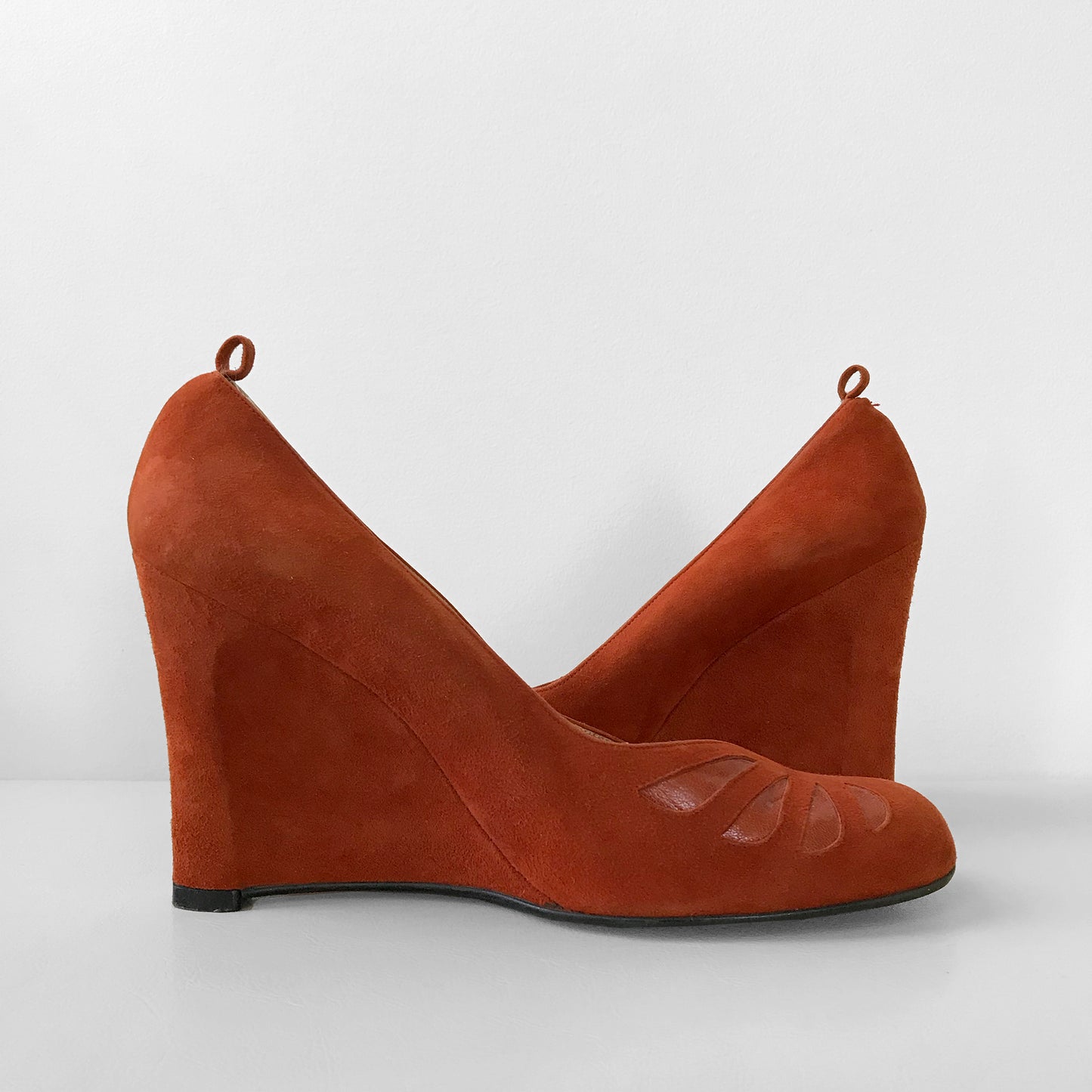 1970s Tangerine Suede-Leather THE BAY Wedge Slip-On Heeled Shoes