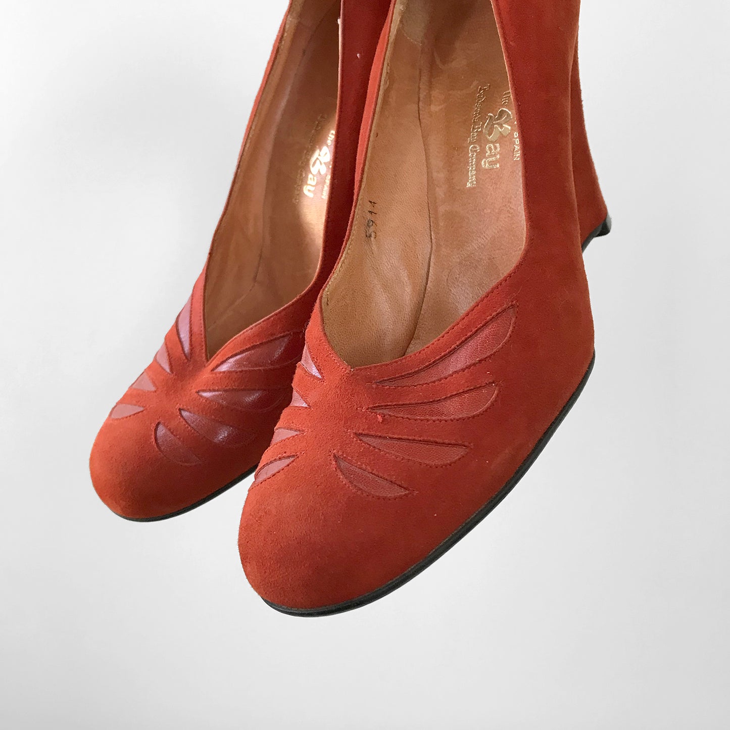 1970s Tangerine Suede-Leather THE BAY Wedge Slip-On Heeled Shoes