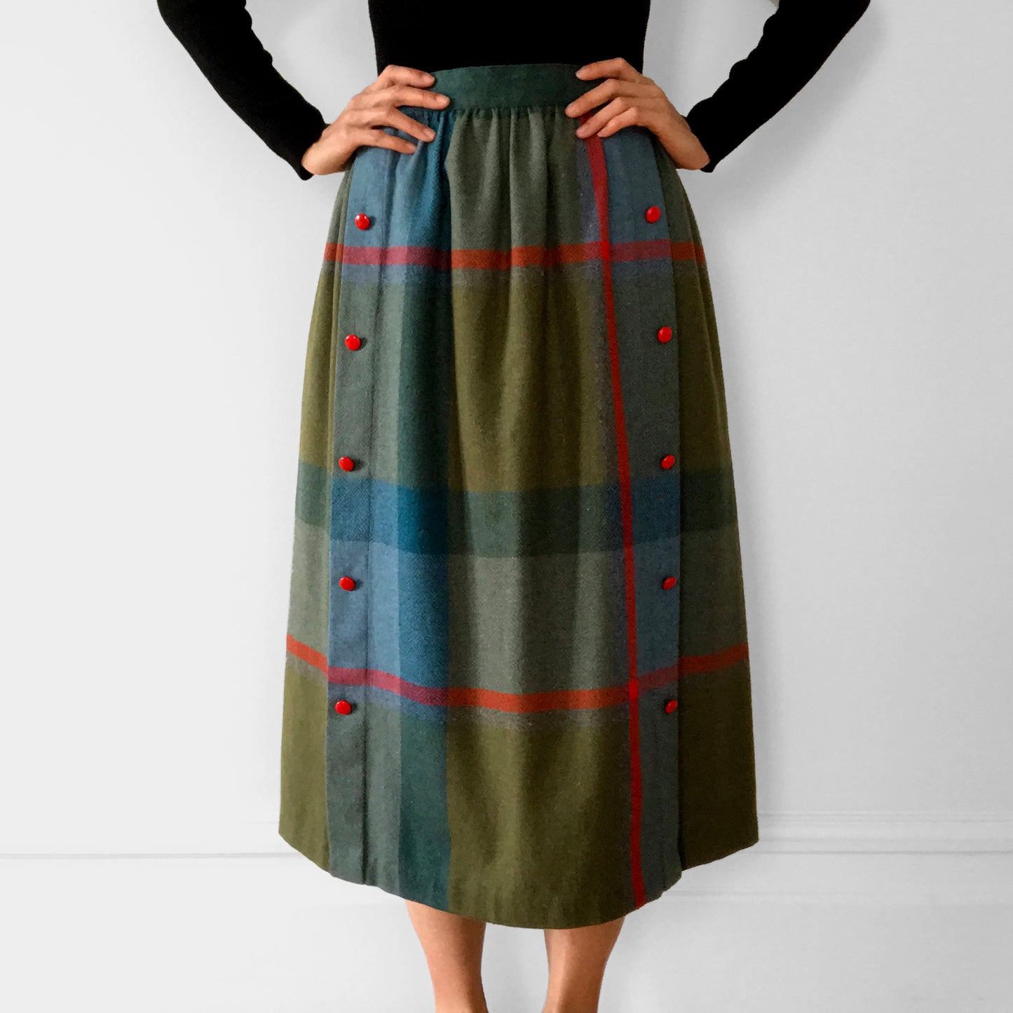 1970s Wool-Blend Plaid Herringbone A-line Tweed Skirt