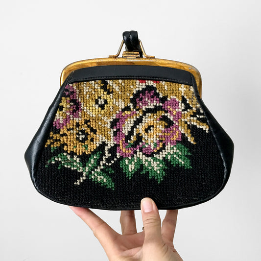 Vintage Black Leather-Strap Floral Needlepoint Clutch Wristlet