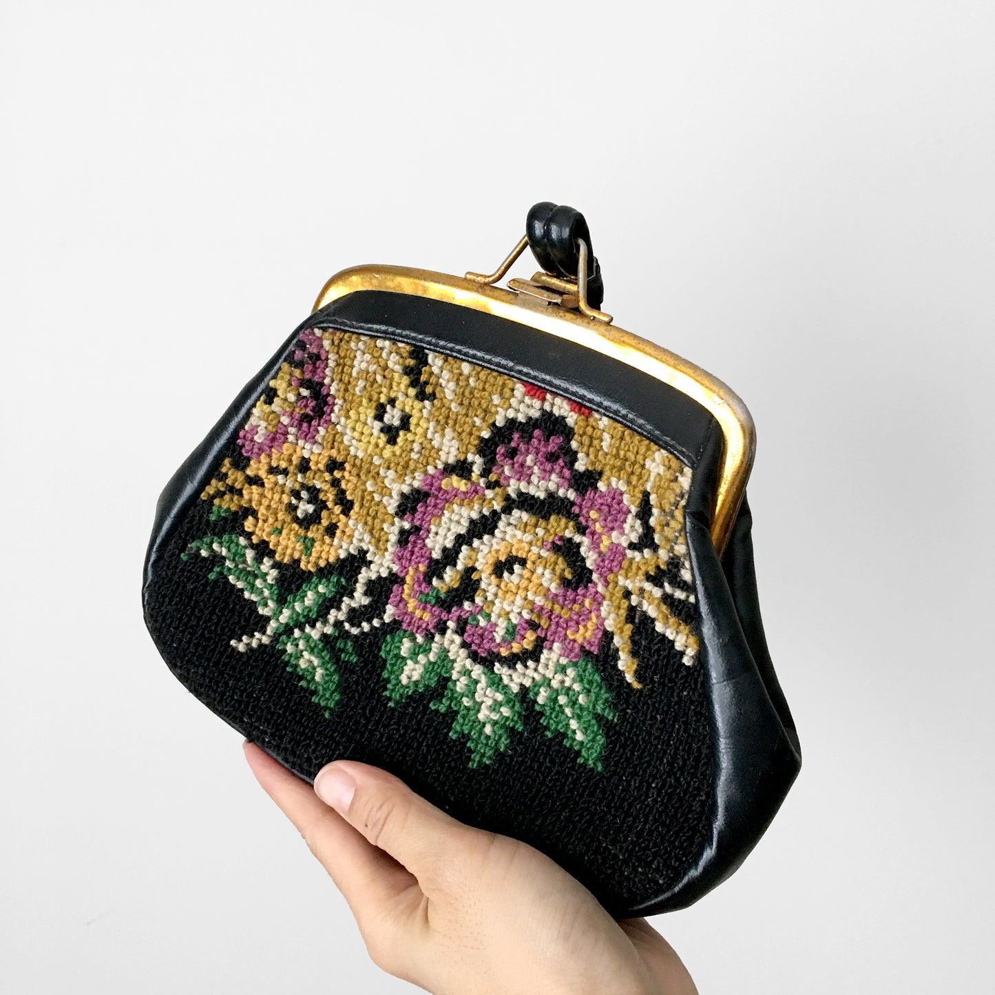 Vintage Black Leather-Strap Floral Needlepoint Clutch Wristlet