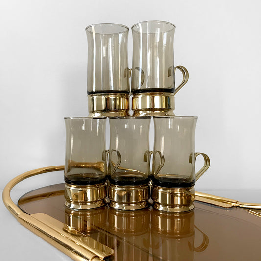 1960s Beucler MCM Mid-Century Modern Brass Smoked-Glass Cups Set