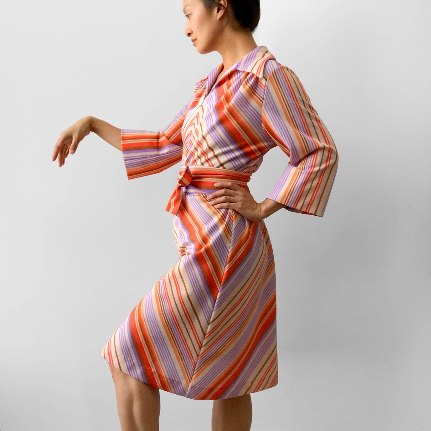 1970s Multi-Coloured Stripe Zip-Front Bell-Sleeve Collared Belted Knee-Length Dress