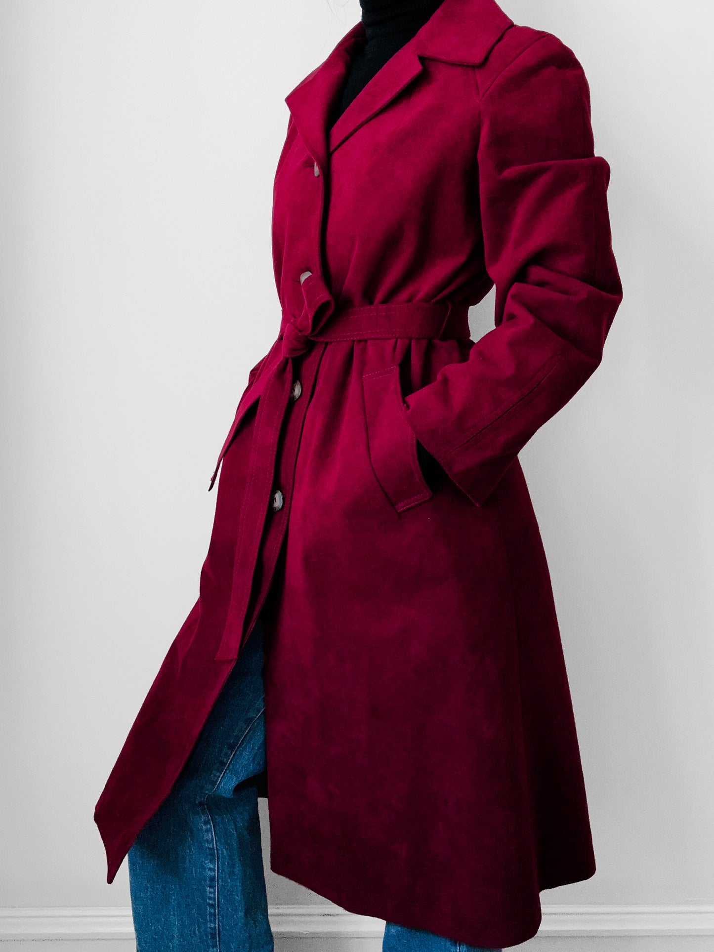 1970s Deep Wine Microfibre Faux Leather Belted Trench Coat - S/M